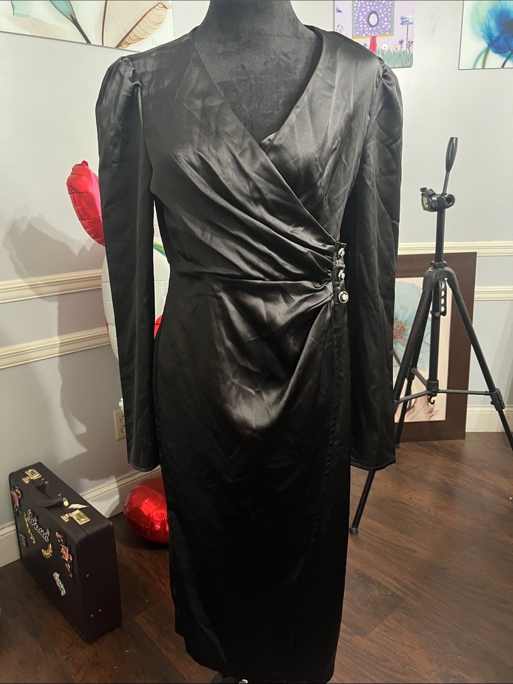 SHEIN Black Satin Midi Wrap Dress with Decorative Side Buttons